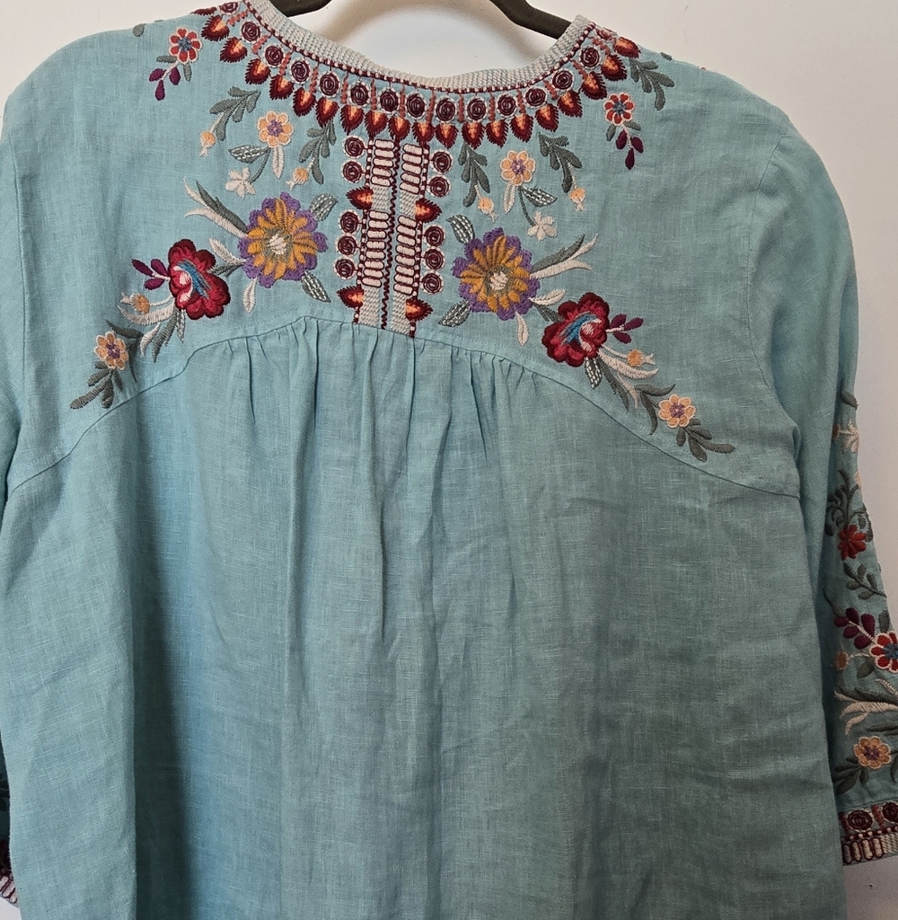 Johnny Was Aqua Floral Embroidered Tunic - Picture 2 of 5